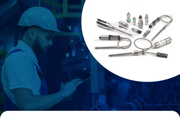 Trabalhador de capacete e uniforme de trabalho focado em um dispositivo eletrônico em um ambiente industrial. Ao lado dele, há uma série de diferentes tipos de sensores industriais dispostos.